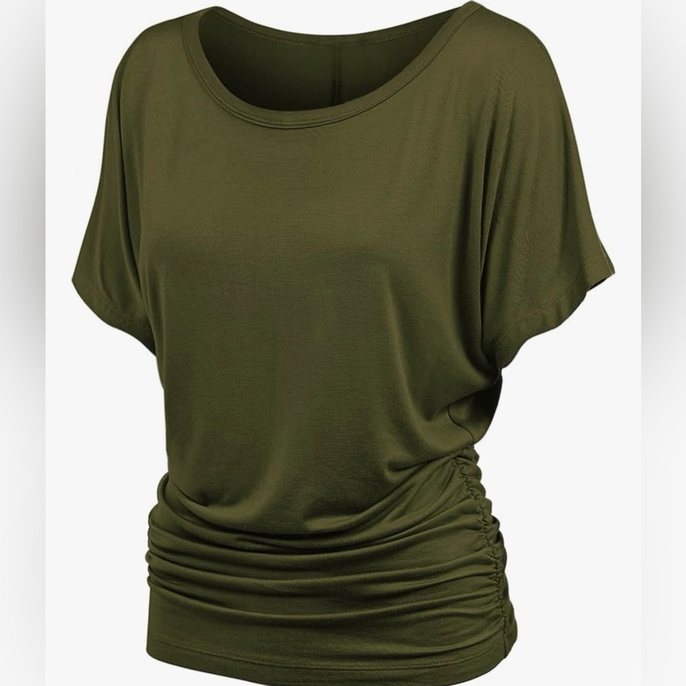 Casual Solid Short Sleeve Boat Neck Dolman Top with Side Shirring -olive